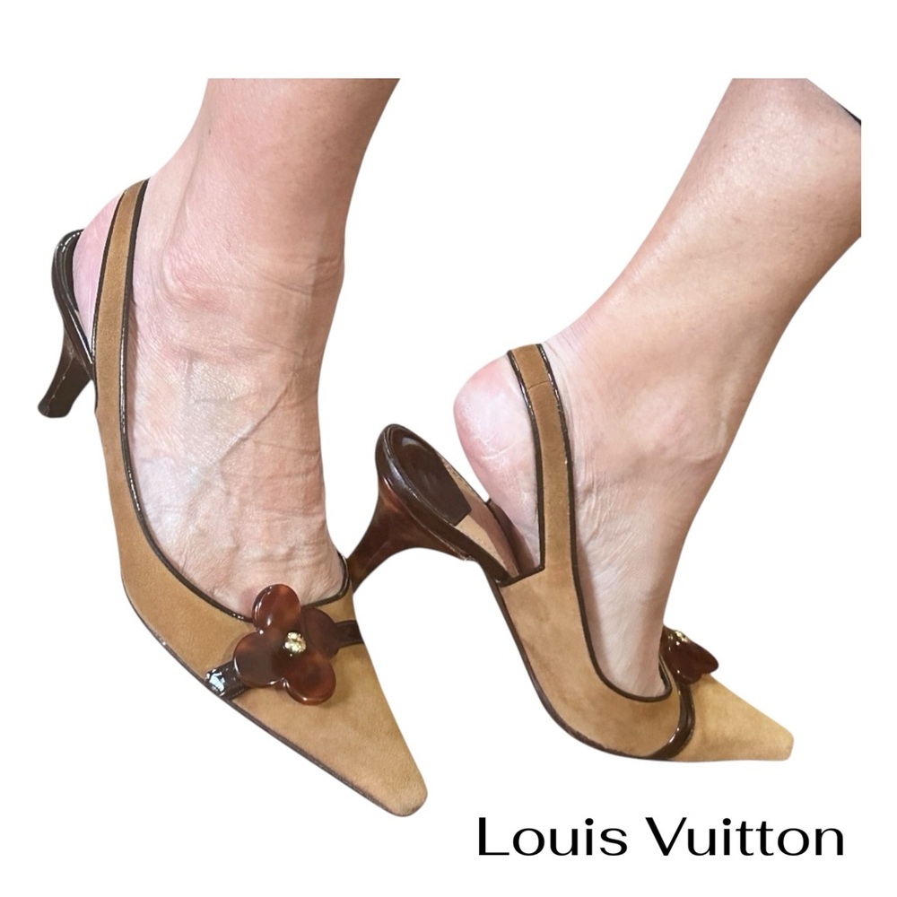 Louis Vuitton Brown Suede Tortoise Flower Kitten Heel Slingbacks Sz 37.5 (VGUC)